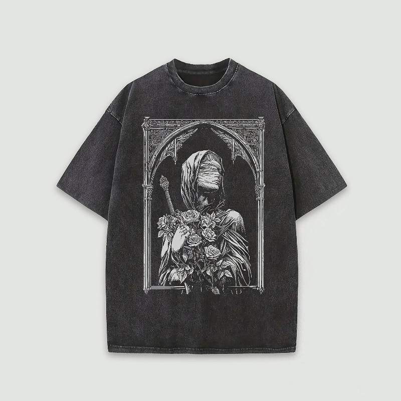Washed T-Shirt Cotton Men Women Gothic Architecture Gothic Woman Face Graphic Oversized Streetwear Tee Round Neck Short Sleeve