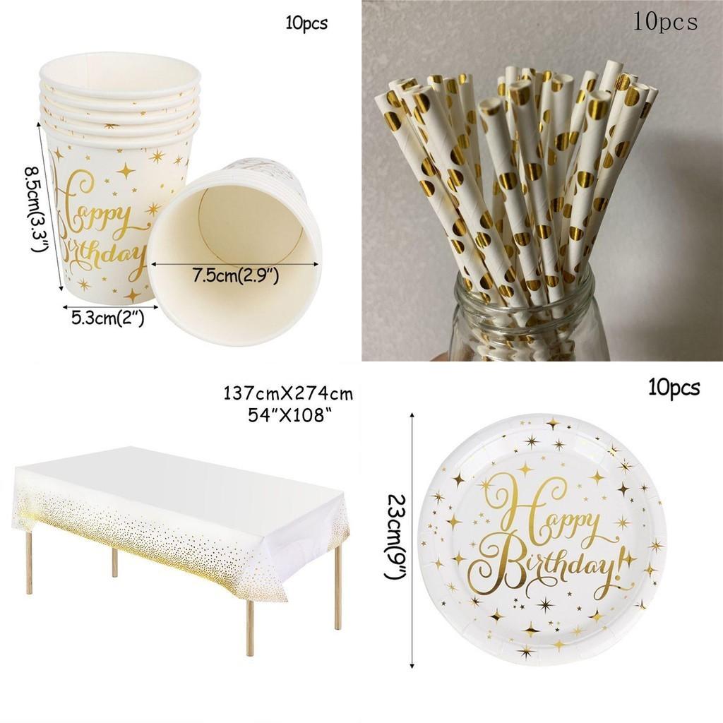 Elegant Gold Polka Dot Stamping Happy Birthday Party Decor Supplies Disposable Tableware Set