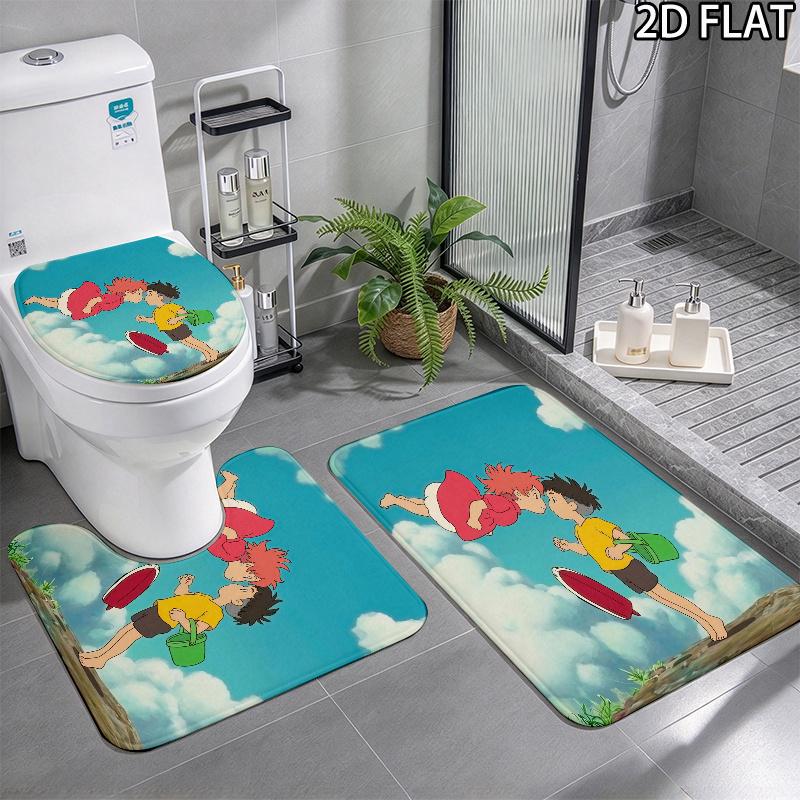 3pcs Ponyo2 Pattern Flannel Nonslip Absorbent Washable Decorative Bathroom Home Toilet Seat Cover Mat