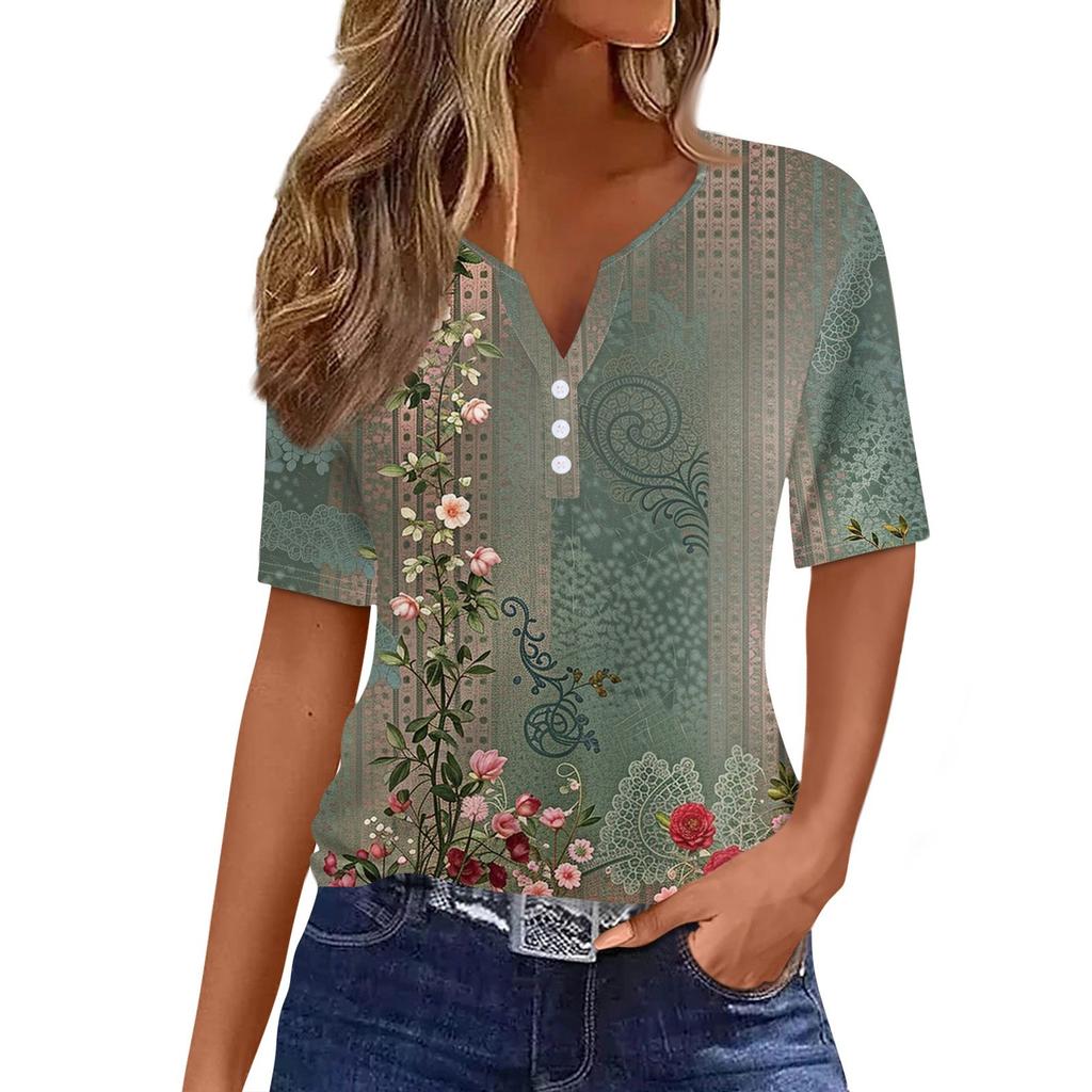 Women's T Shirt Tee Print Button Short Sleeve Tunic Daily Weekend Fashion Basic V- Neck Regular Top