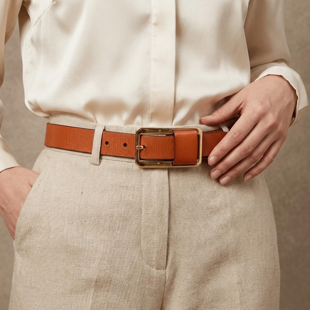 Solid Color Thin Waist Belt Metal Buckle Women Waistband Fashion Genuine Leather Belt Daily
