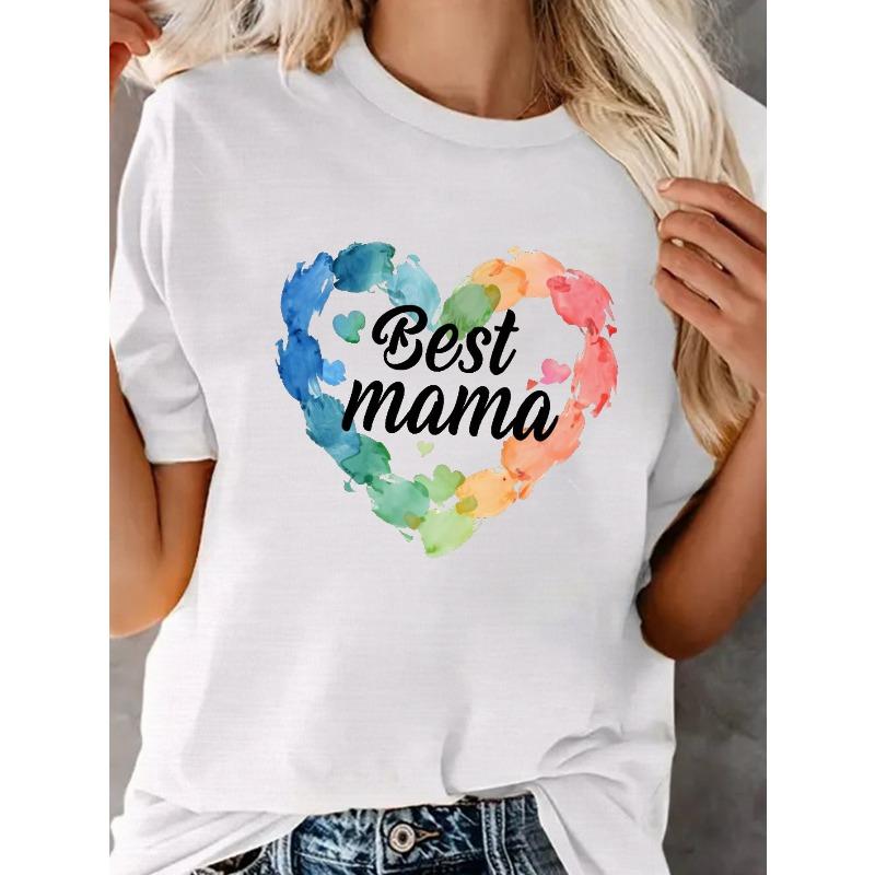 Mother's Day Heart Print Crew Neck T-Shirt, Casual Short Sleeve T-Shirt For Spring & Summer, Women's Clothing