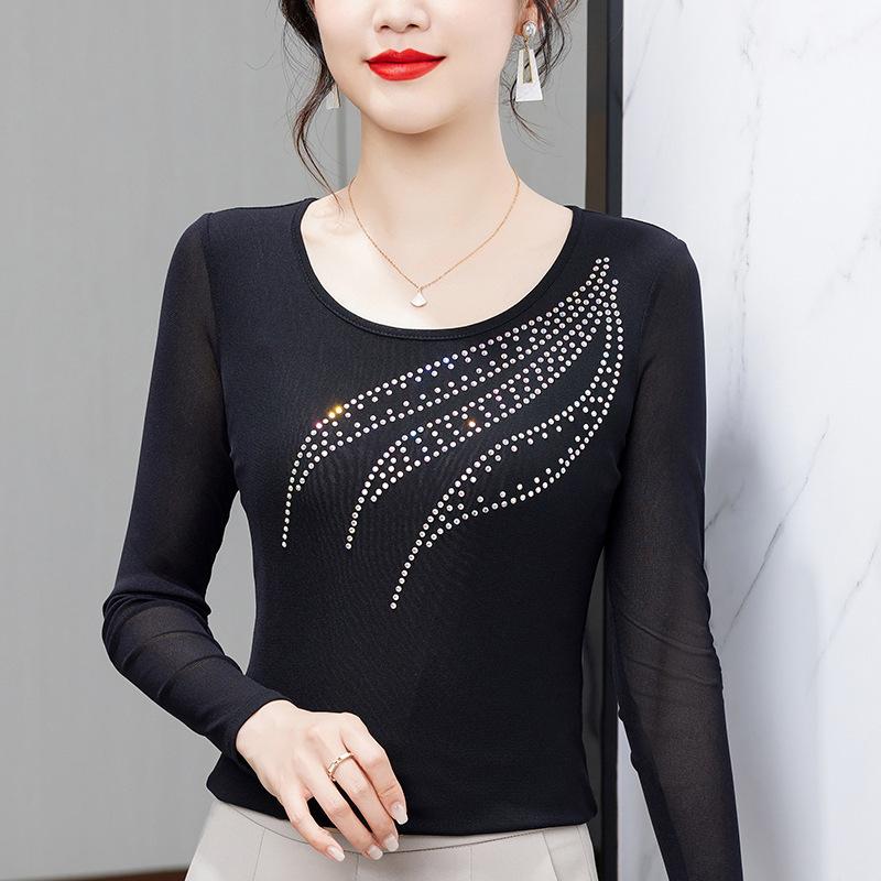 Women Mesh Long Sleeve Top, Round Neck Wing Shape Rhinestone Decor Slim Fit Fall Shirt M-4XL