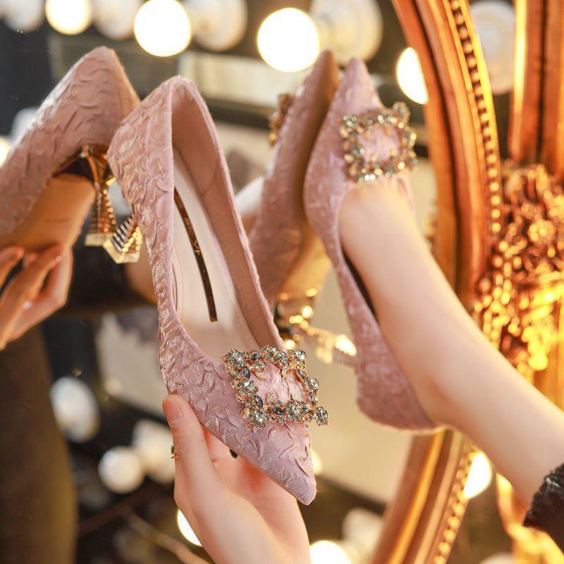 Elegant temperament pointed single shoes women's spring and autumn new versatile rhinestone bag head thin heel pointed professional high heels