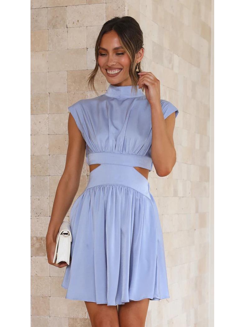 

25th Anniversary Sweet Summer Solid Color Waist-Hugging Stand-Up Collar Cutout Short Dress 23007 XL