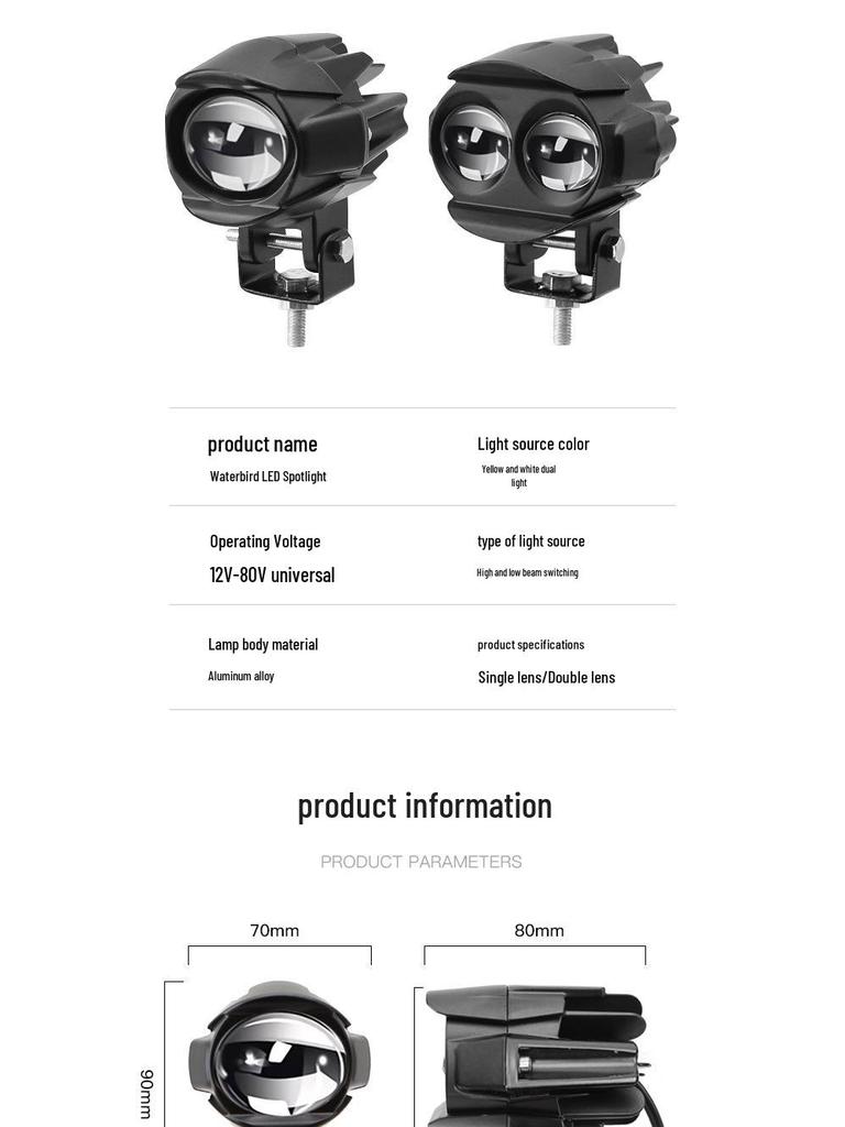 Dual Color 80V LED Headlight for Motorcycles: Super Bright High/Low Beam In White/Yellow