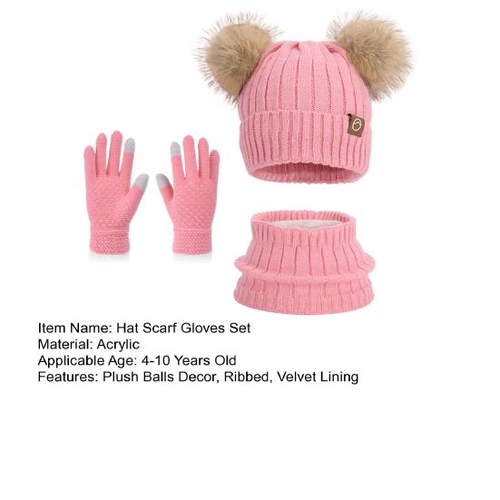 3Pcs/Set Children Winter Hat Scarf Gloves Set Plush Lining Fluffy Ball Decoration Knitting Hat Neckerchief Gloves Set