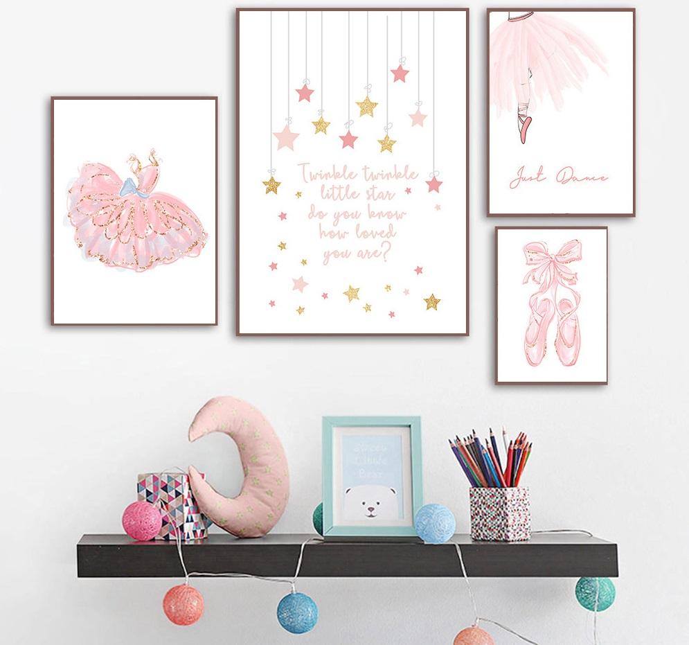 Leinwandposter mit rosa Ballettschuhen, Gemälde an der Wand, Zitat „Just Dance“, Poster und Drucke für Wohnzimmer, kein Rahmen