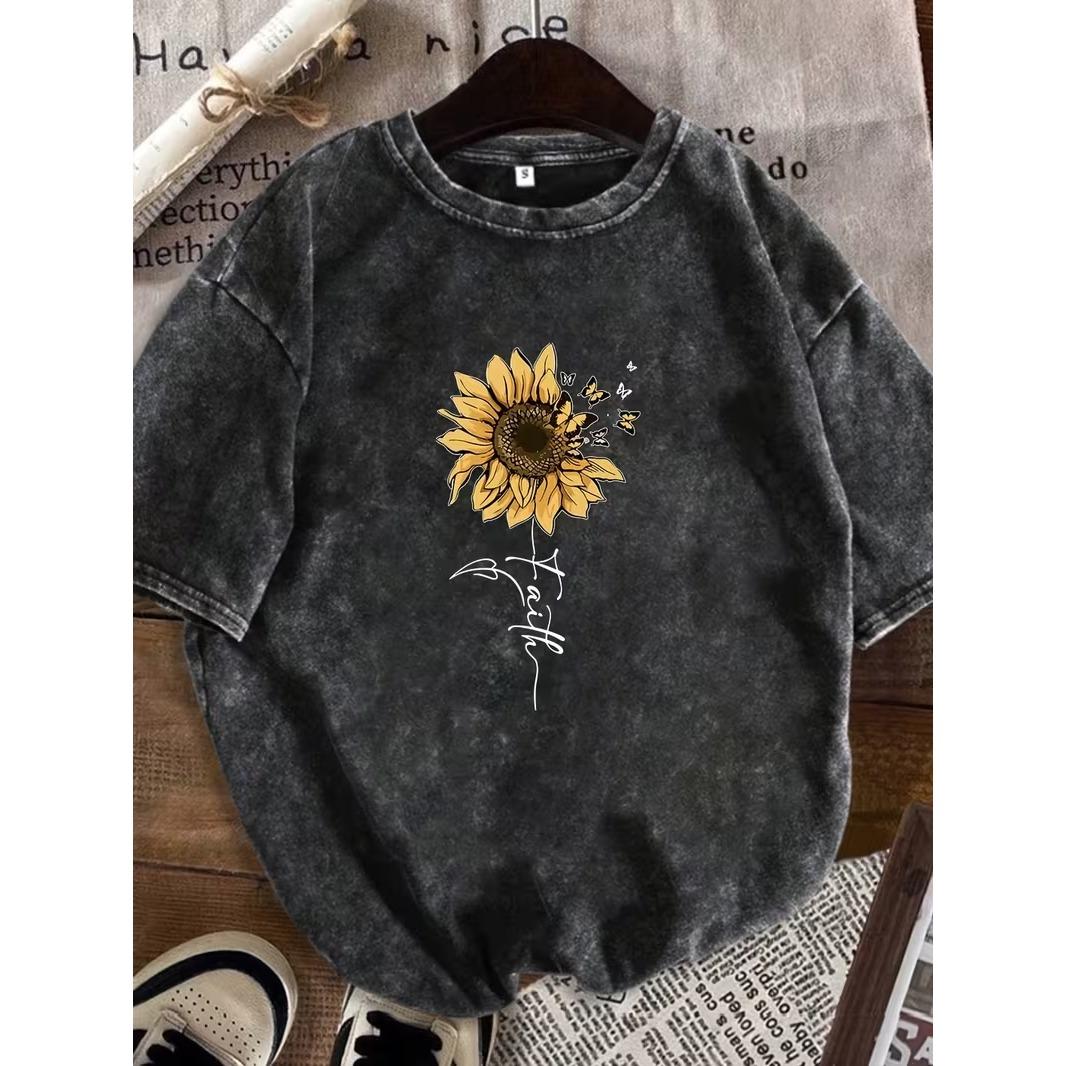 Sunflower Butterfly Printed Tshirt Minimalist Womens Daily Casual Round Neck Tee Retro Washed Tshirt Unisex Womens Mens Top S