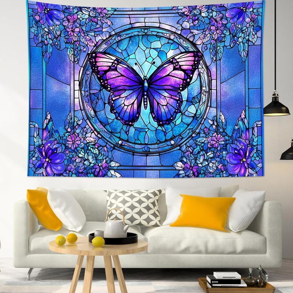 Bohemian Butterfly Stained Glass Tapestry Wall Hanging Blue Floral Mosaic Art Decoration Fabric Home Decor Gift Tapestry Art