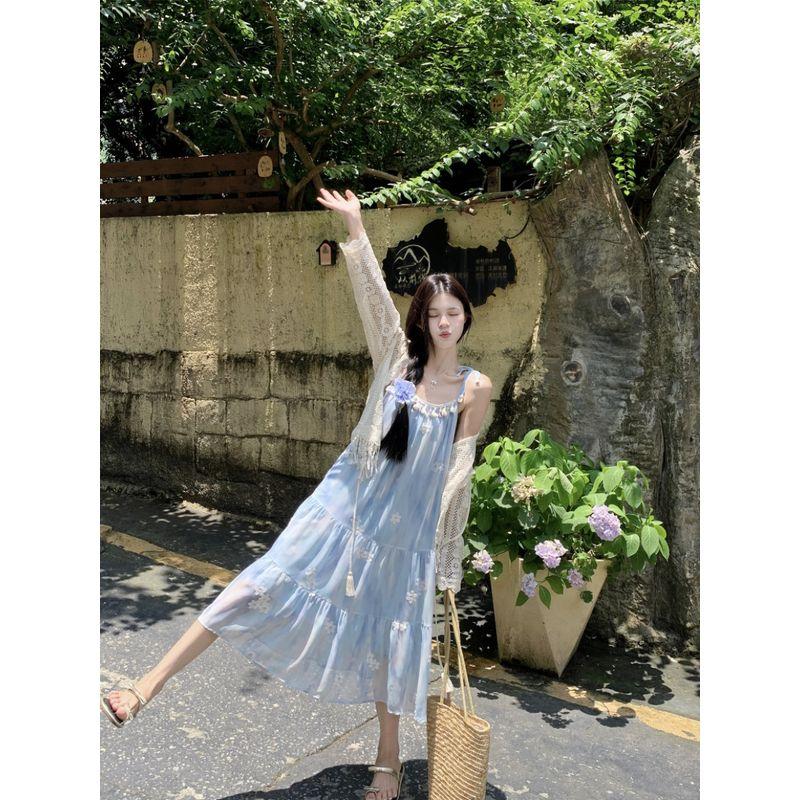 Kumikumi Gentle Suit Women's Three-Dimensional Flower Sling Dress Summer Tassel Sun-Proof Outwear Two-piece Set