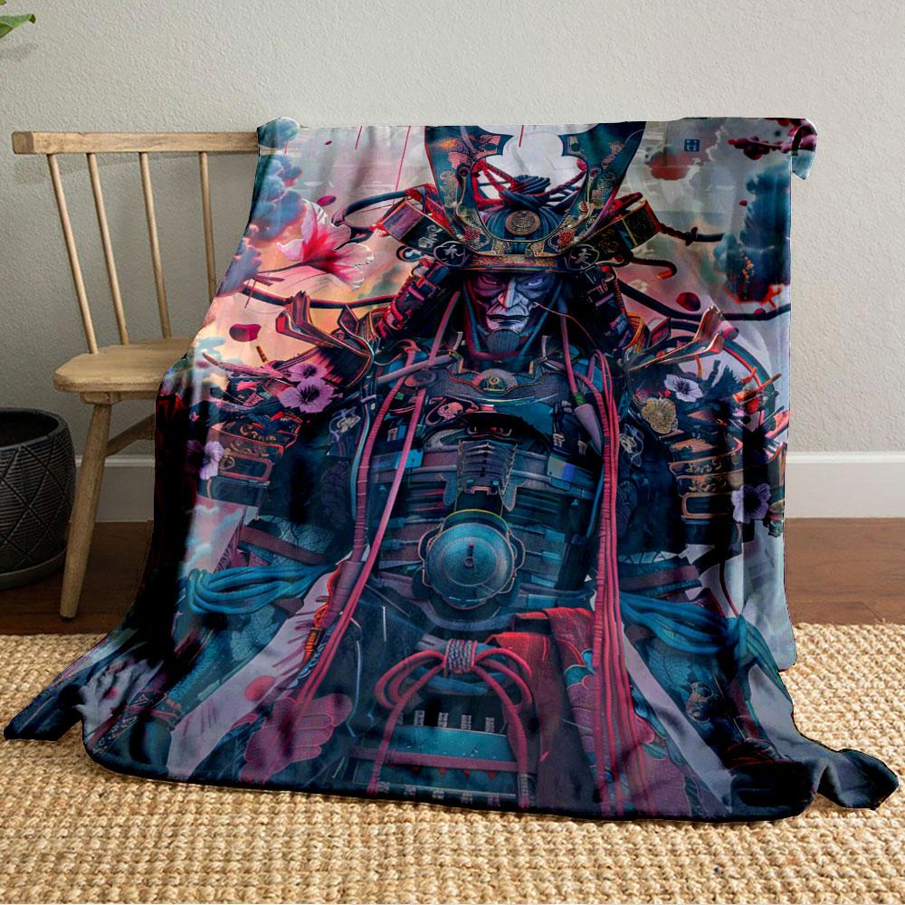 Detailed samurai armor adorned with floral motifs and vibrant elements. for all seasons blanket lunch break throw gift