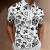 Trendy short-sleeve polo with zipper, chain print casual top.