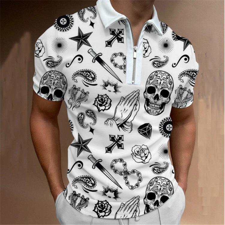 Trendy short-sleeve polo with zipper, chain print casual top.