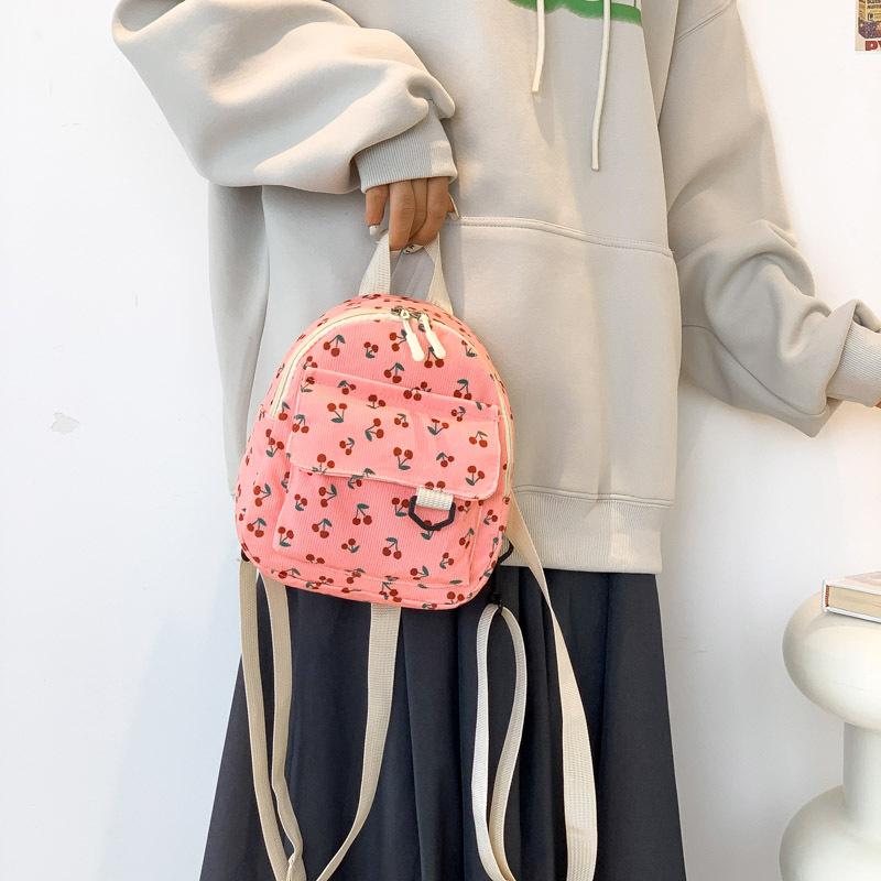 Corduroy Bag Cherry Print Small Fresh Lightweight Backpack Velvet Shoulder Sweet Cute Girl Backpack