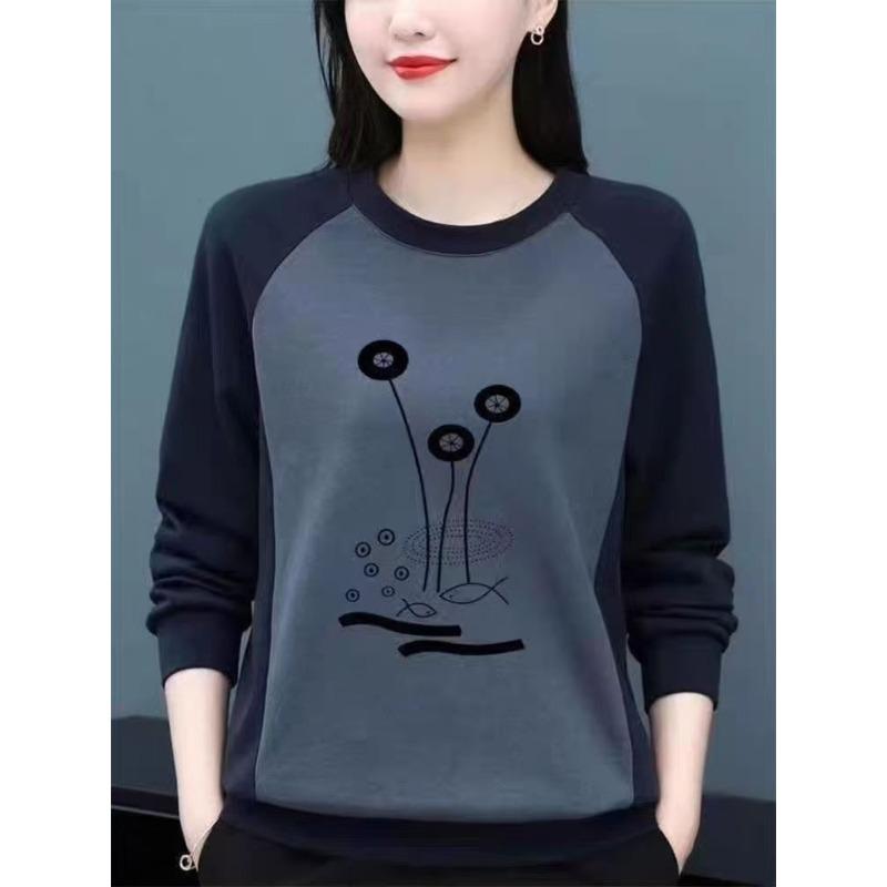 Langermet t-skjorte for kvinner om høsten og vinteren, ny løs morsdress, stor størrelse, rag-shoulder base skjortetopp