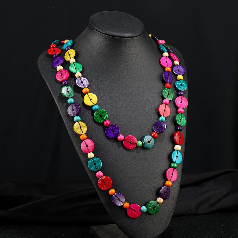 Bohemian Color Coconut Shell Wood Necklace Women's Vintage Double Layer Stacked Long Pendant Accessories