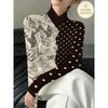 Coffee White Splicing Polka Dot Lace Print Cross-neck Women's Long-sleeved Top