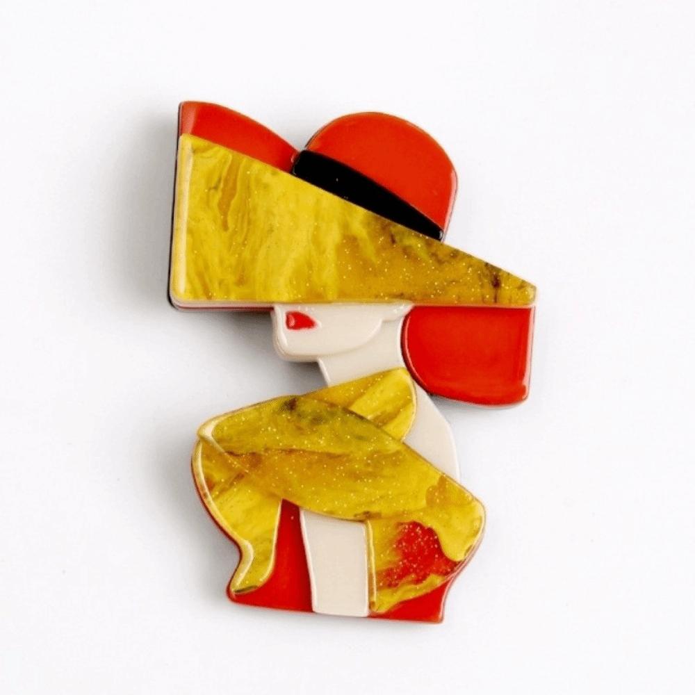 

Acrylic Lady with Hat Brooch Cartoon Girl Badge Elegant Women Portrait Pin 03