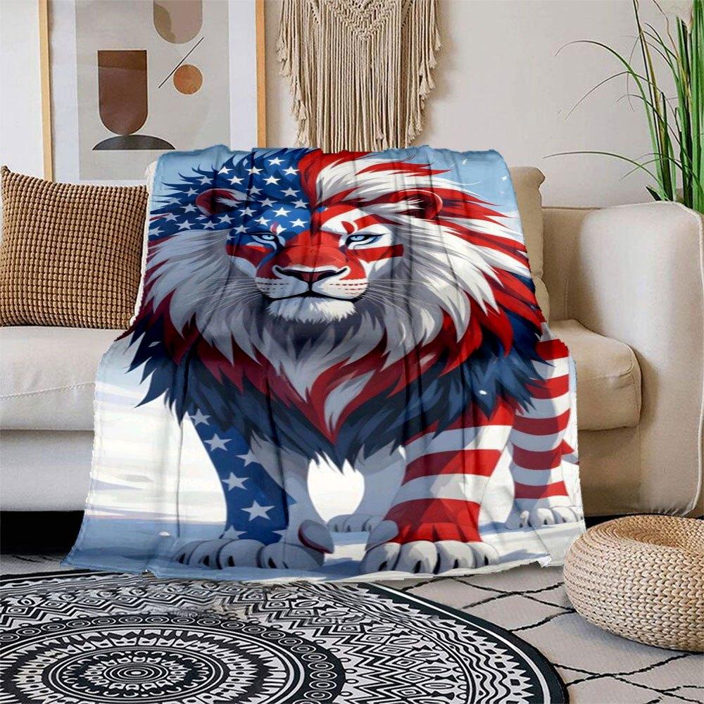 American Flag Lion Wall Art Print Poster Home Decor USA Lion PaintingBlanket Flannel Throw Blanket for Sofa, Bed, Travel, Camping, Office 100x150cm