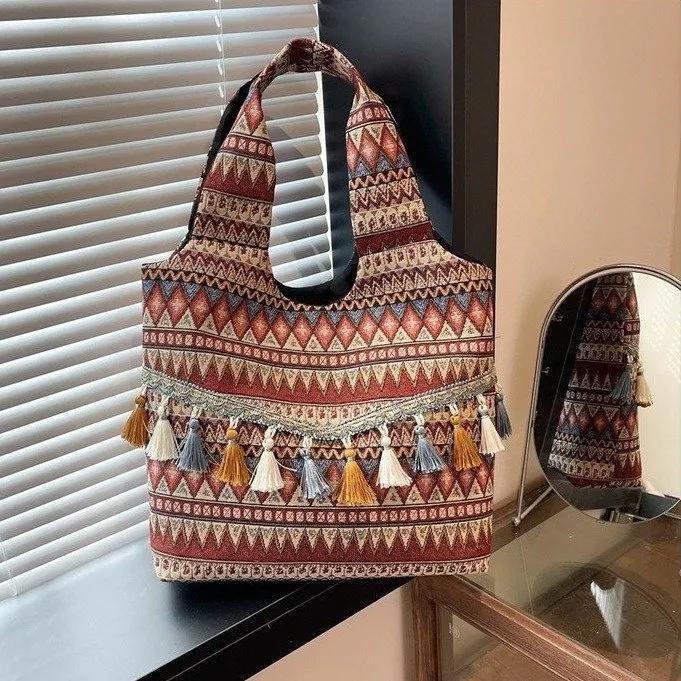 WTEMPO Trendy Women's Casual Versatile Handbags Nylon Ethnic Style Office Ladies Bags with Top Handle Work Meal Bag Lunch Bag