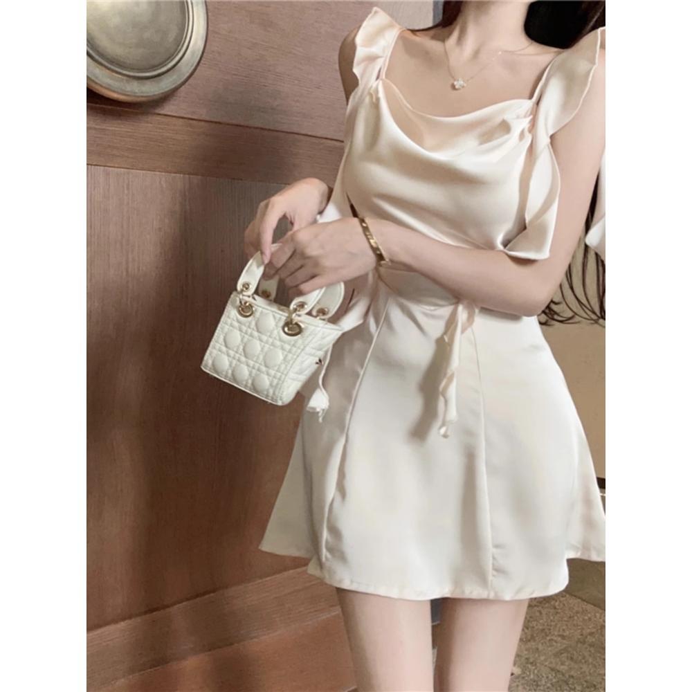 French Fairy Streamer Holiday Dress Skirt, Satin Chiffon Suspender Dress, One-word Shoulder Waist and Thin Tube Top Skirt