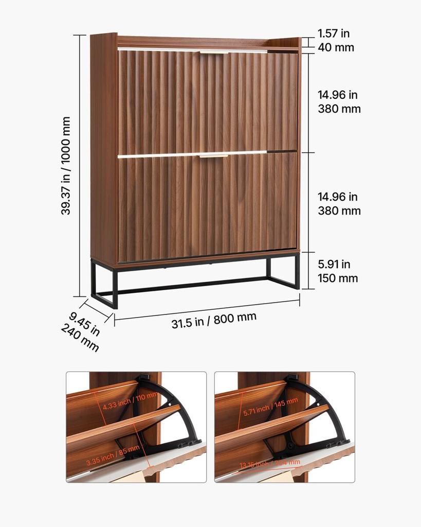 Shoe Cabinet with 2 Flip Drawers, Mid-Century Shoes Storage Cabinet with Anti-Tipping Device, Freestanding Fluted Shoe Organizer, Ideal for Entrance,