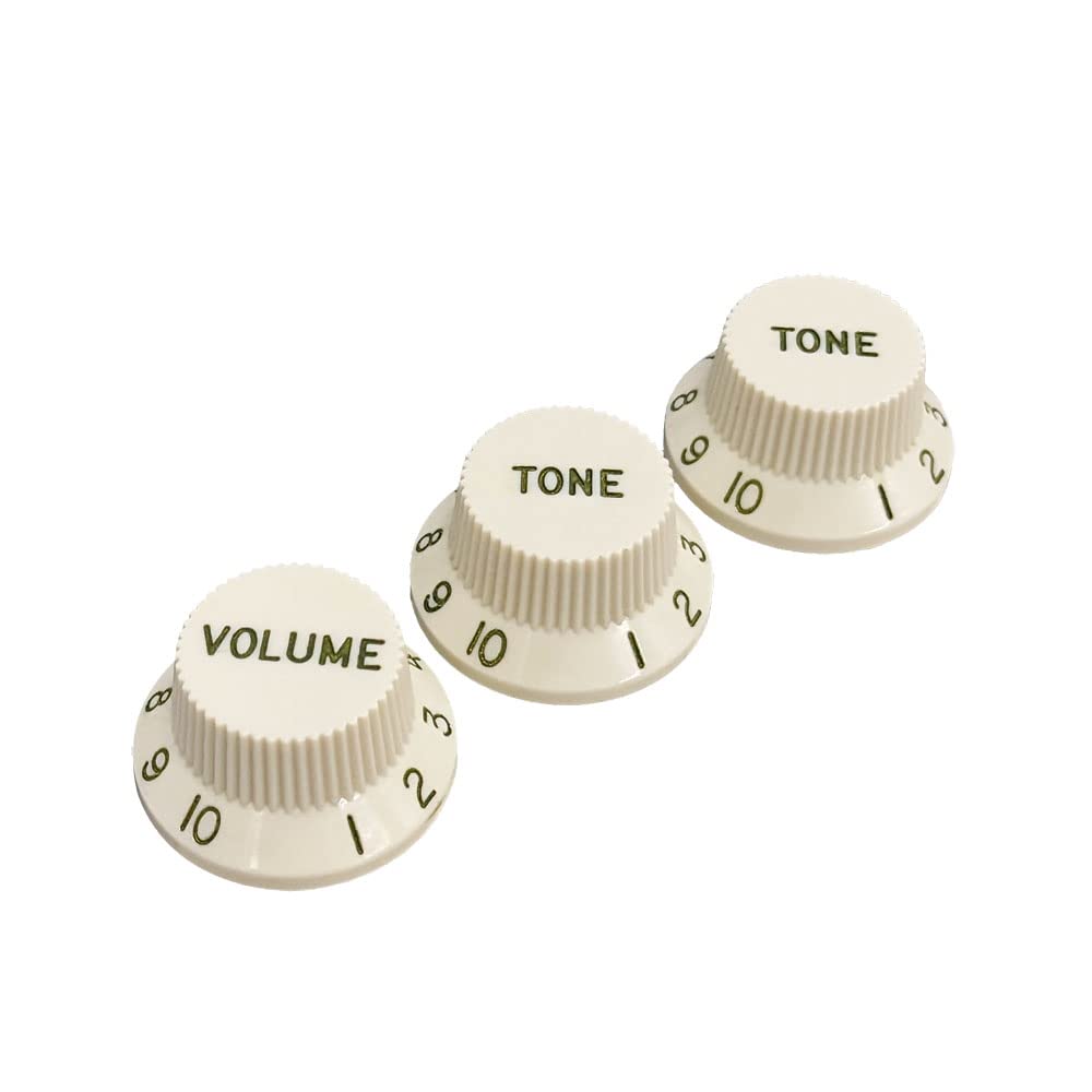 

YJB PARTS Stratocaster Knob Set (1V2T) Compatible with Inch and Metric Scales (Aged White [Dark Green Letters])