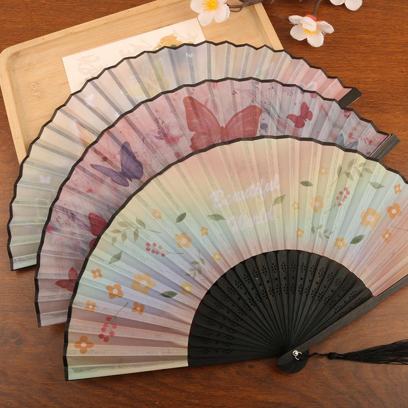 *1Pcs Chinese Style Butterfly Floral Folding Fan Hand Held Fan Tassel Wedding Dance Summer Decor