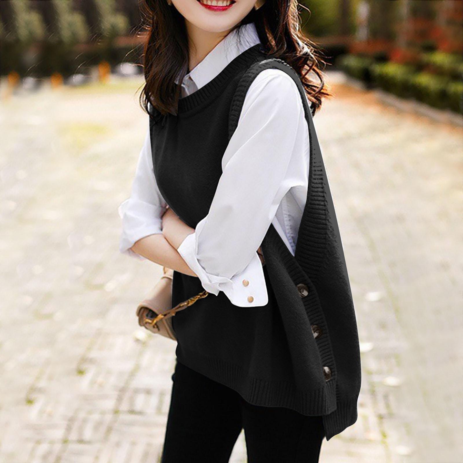 

Женский весенний вязаный жилет повседневный без рукавов с V-образным вырезом, боковыми пуговицами, декоративными пуговицами, однотонный топ One Size чёрный