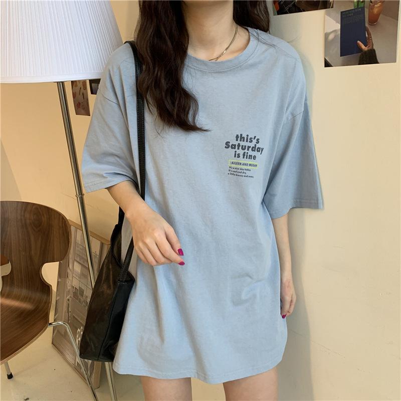 Tricou de vară imprimat, larg, cu mânecă scurtă, pentru studentă, versiune coreeană, cuplu, top imprimat față și spate, top de damă