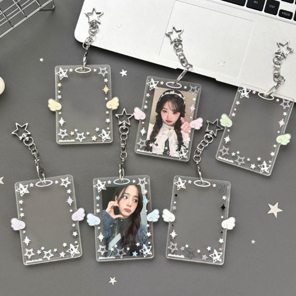 Clear Acrylic Photocard Holder 3 Inch Card Display Colorful Angel Wings Card Holder Bag Pendant Card Protector Bus Card