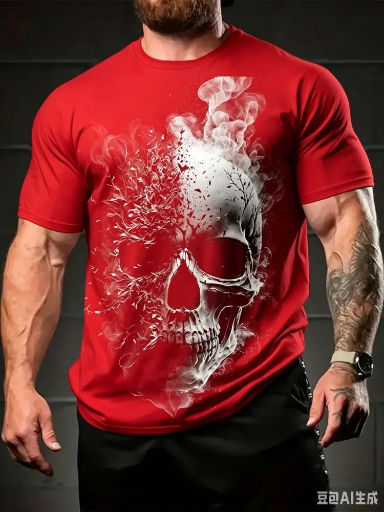 Street Style Koszulka z nadrukiem czaszki 3D Letnia Codzienna Spersonalizowana Hip Hop Okrągły dekolt Góra Męska Codzienna Moda Fitness Krótki rękaw Odzież męska