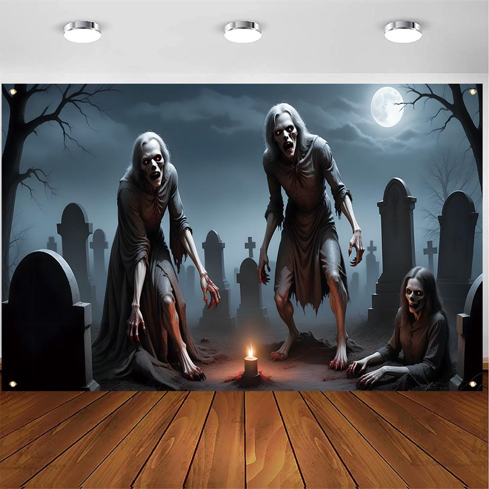 1 Halloween zombie cemetery background - enchanting cemetery scene  moonlit night  skull and ghost atmosphere 150X100