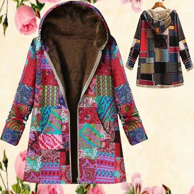 Women Coat Zipper Closure Long Sleeve Warm Jackets Plush Mid-Length Hooded Coat Ethnic Print Cold Resistant Outerwear for Winter XJ