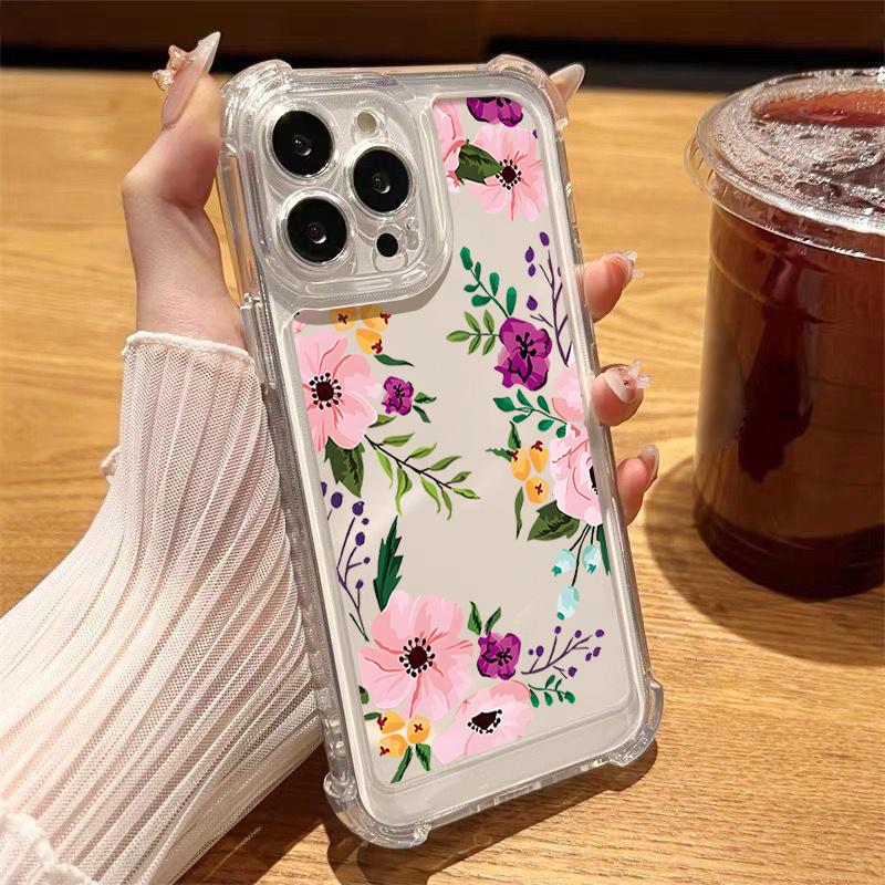 Floral Pattern Shockproof Clear Case For iPhone 16 Pro Max 16E 15 14 Pro 13 12 11 Slim Transparent Anti-Fall Soft Silicone Phone Cover iPhone 16e