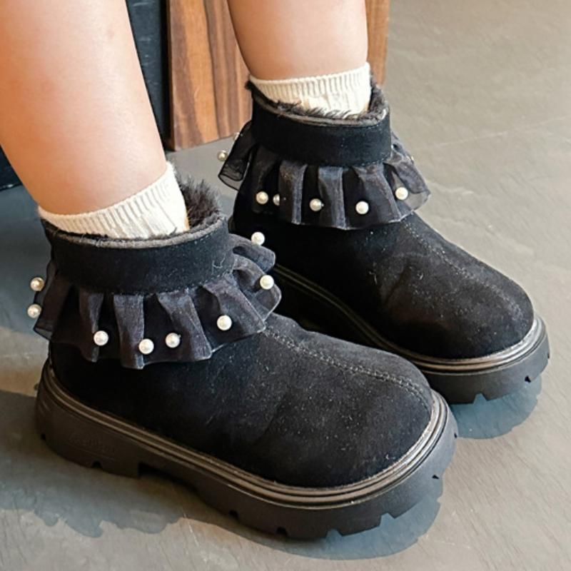 Girls Princess Cotton Boots Sweet Winter Children's Boots Elegant Lace Ruffled Edge Kids Fashion Causal Ankle Boots Versatile