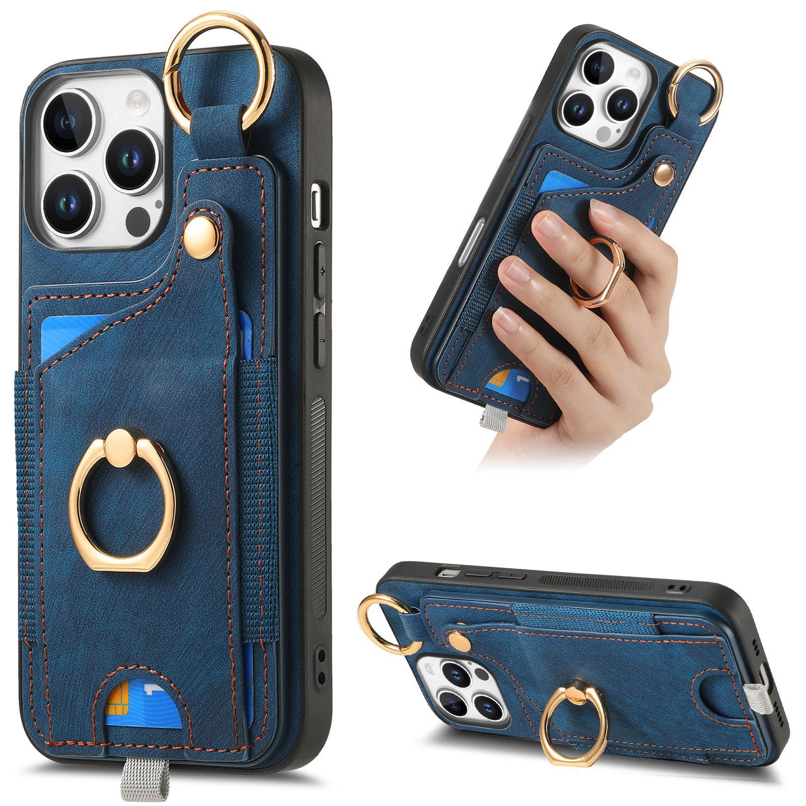 

For iPhone 16 Pro Case Card Slots Leather+TPU Phone Cover with Ring Buckle Blue
