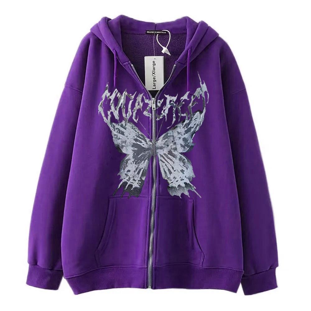 Hooded sweater in stock, zipper sweater autumn and winter European and American butterfly sweater gothic sports hooded jacket