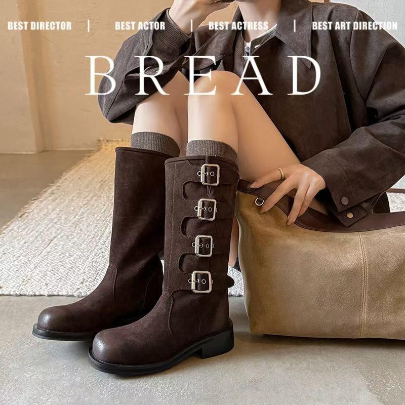 Womens Retro Buckle Biker Boots Square Toe Chunky Mid Heel Knee High Suede