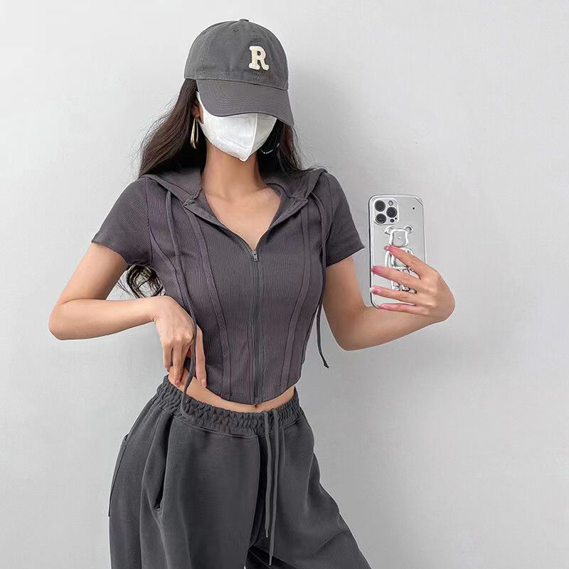 French Spice Girl Short Hooded Short Sleeve T-Shirt Women's Cardigan Summer Thin Slim Skinny Niche Women's Top