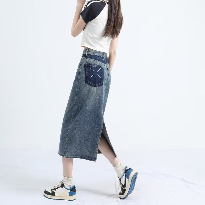 Retro Denim Skirt for Women with High Waist and Slimming Effect A-line Plus Size Back Split Skirt