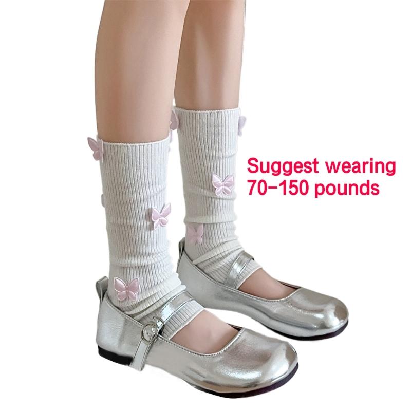 Womens Girls Ballet Style Ribbed Knit Stretch Leg Warmer Japanese Aesthetic Sweet 3D Butterfly Leg Cover Footless Socks
