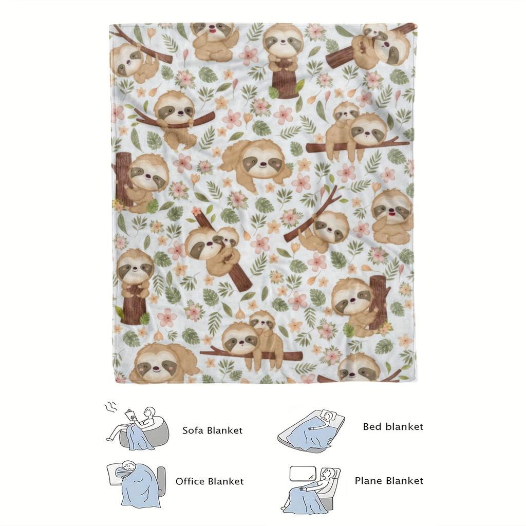 Cute Sloth Pattern Flannel Blanket White Base Green Leaves Brown Branches Playful Cartoon Design
