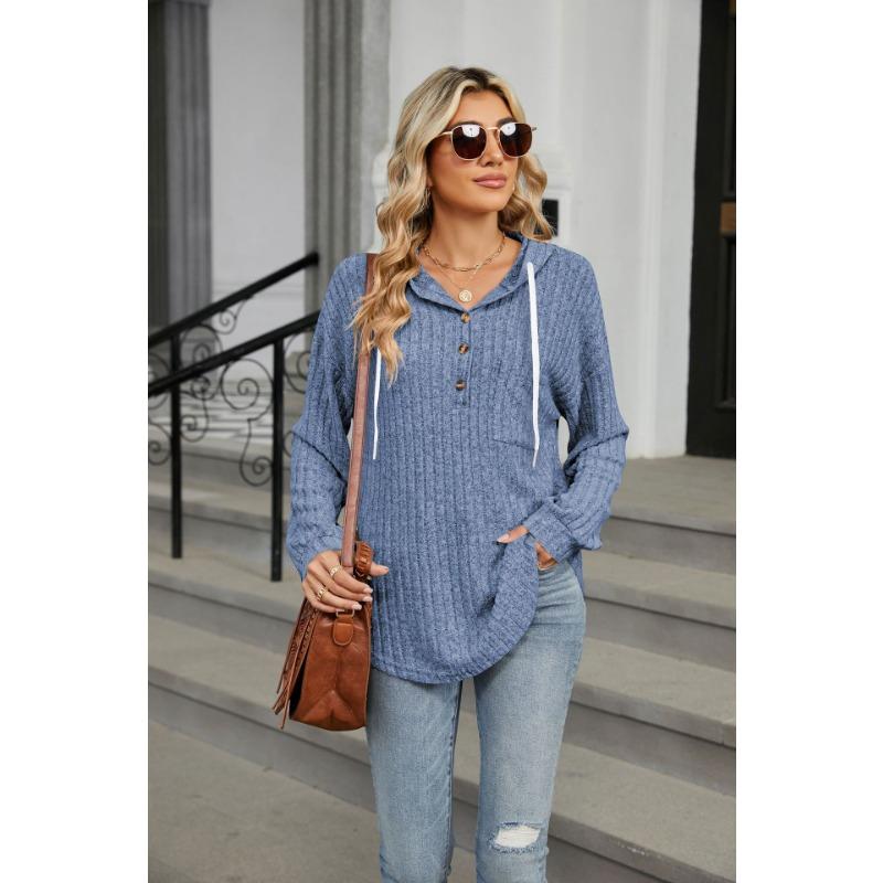 Herbst und Winter Damen Einfarbig Knopf Kapuzentasche Lose Langarm Sweatshirt