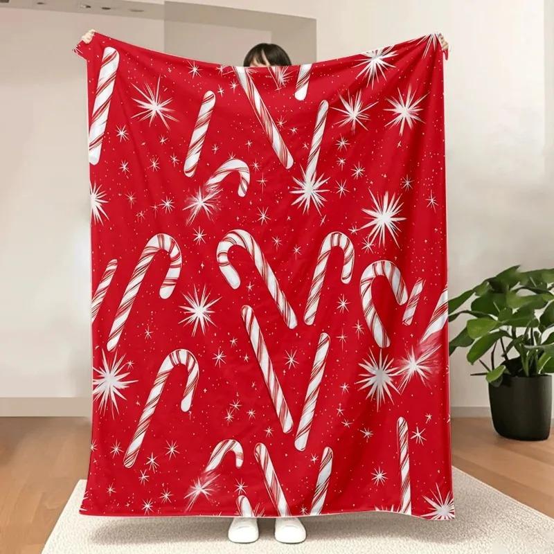 Christmas Candy Cane &Star Pattern Red Blanket Soft Flannel Throw Blanket for Couch Bed Sofa Cozy Warm Blanket for Holiday Gift 70x100cm