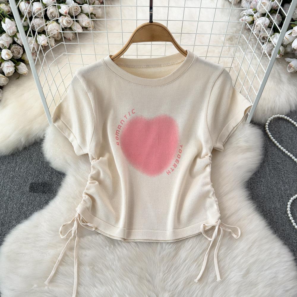 

Летний новый дизайн с сердечками, милые топы Spice Girl с круглым вырезом и принтом «Любовь», футболка на шнуровке, повседневная женская модная блузка с коротким рукавом One Size абрикосовый