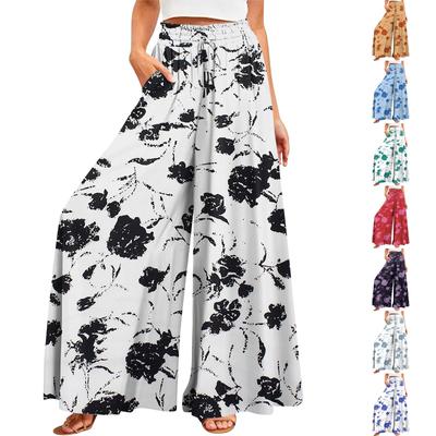 Damen Sommerhose mit weitem Bein, hoher Taille, fließende Taschen, modisch, lässig, lässig, Bohemian-Stil, bedruckt, Strandhose