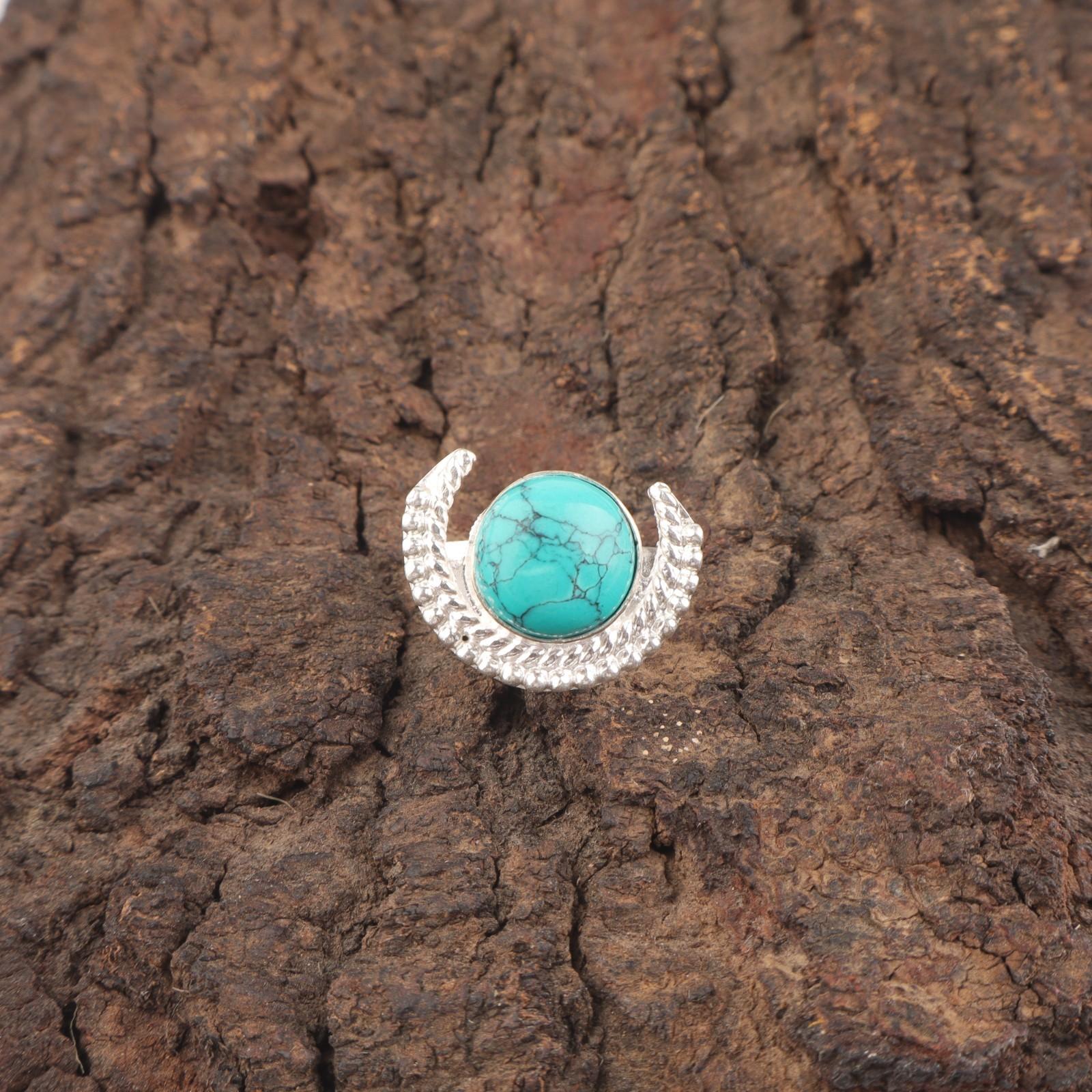 

Round Blue Turquoise Gemstone 925 Silver Stackable Mother Gift Handcrafted Ring RR-48-43 15