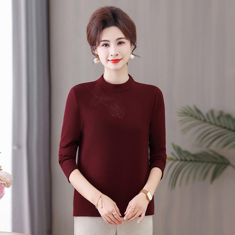 Women's Long-Sleeve Velvet-Lined Warm T-shirt for Middle-Aged & Elderly - Autumn/Winter Layer